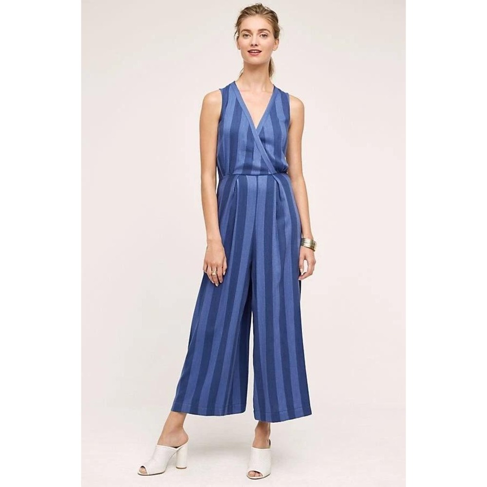 Nomad Morgan Carper Jumpsuit Women L Blue Striped Wide Leg Button Detail Coastal